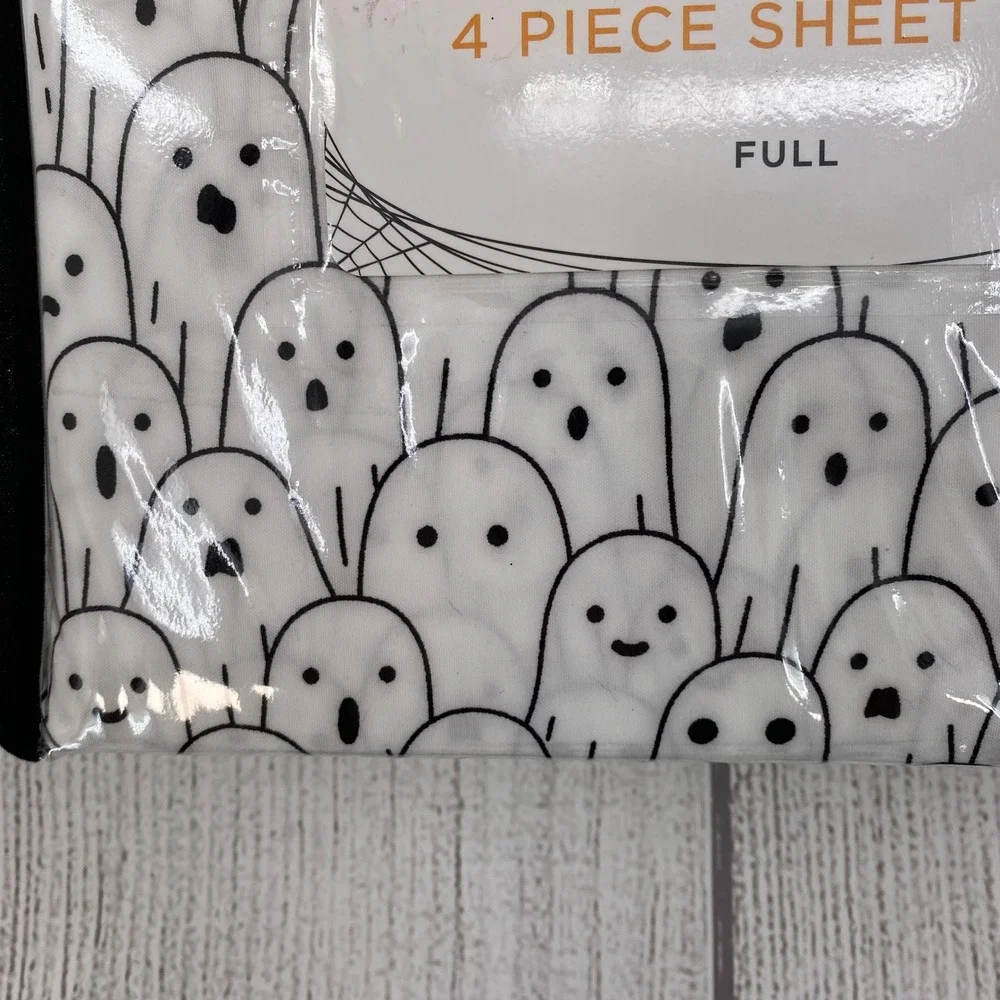 Trick or Treat Ghost Sheet Set FULL White Black Halloween Spooktacular Spooky